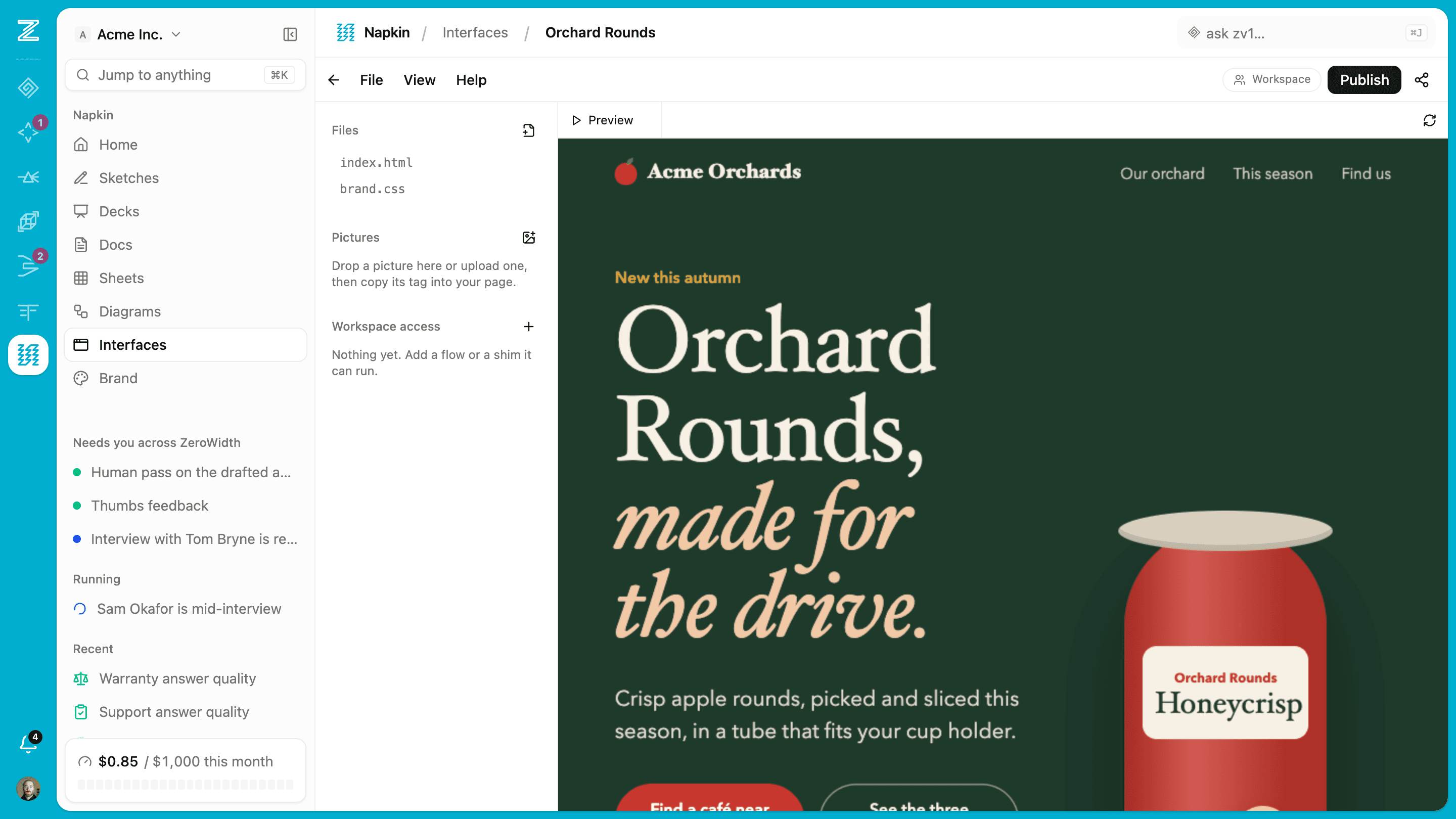 A product page for Orchard Rounds built in Napkin, in the Acme Orchards brand