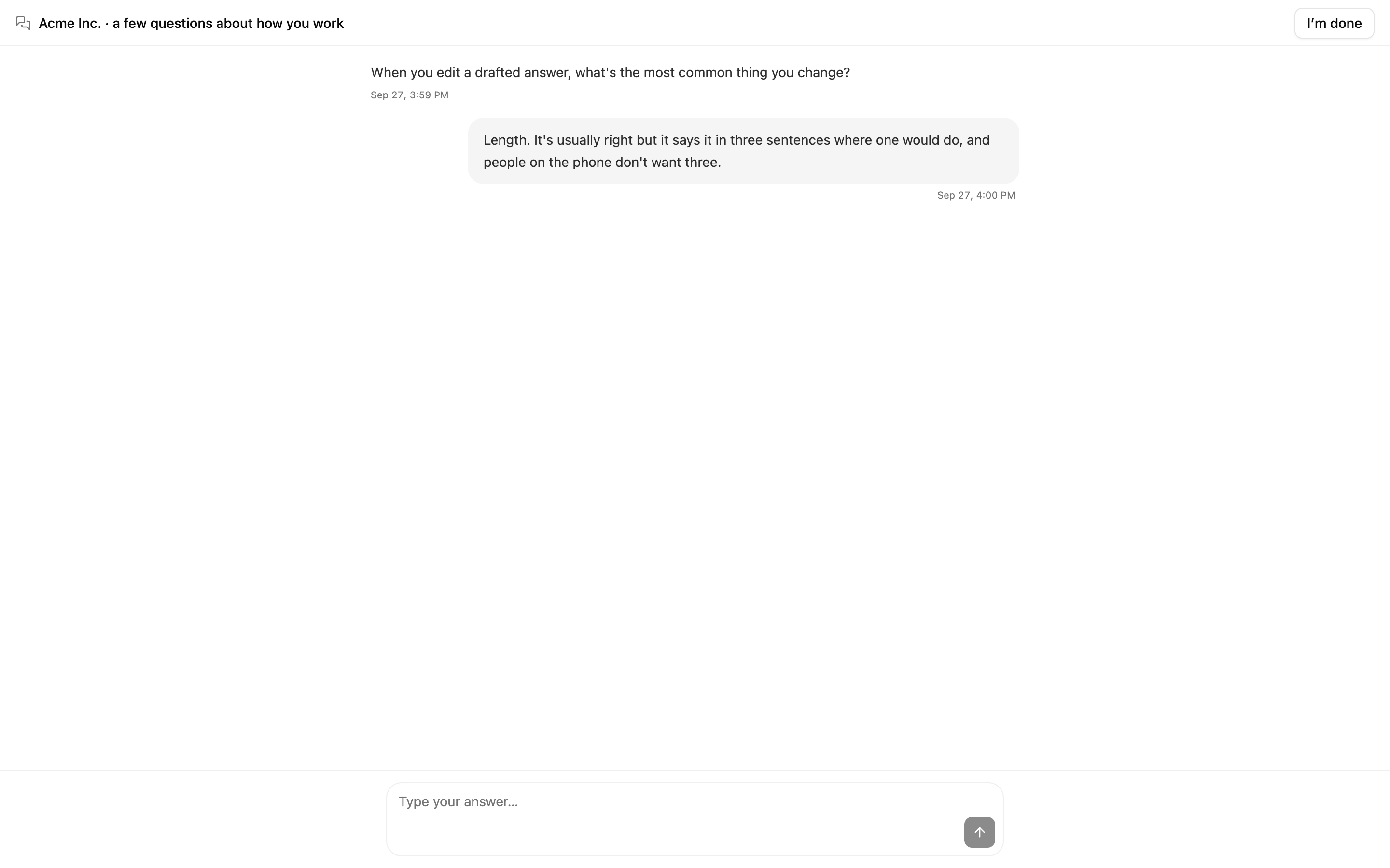 A Compass interview in progress from the guest's side — the conversation mid-flow, with a follow-up question being asked