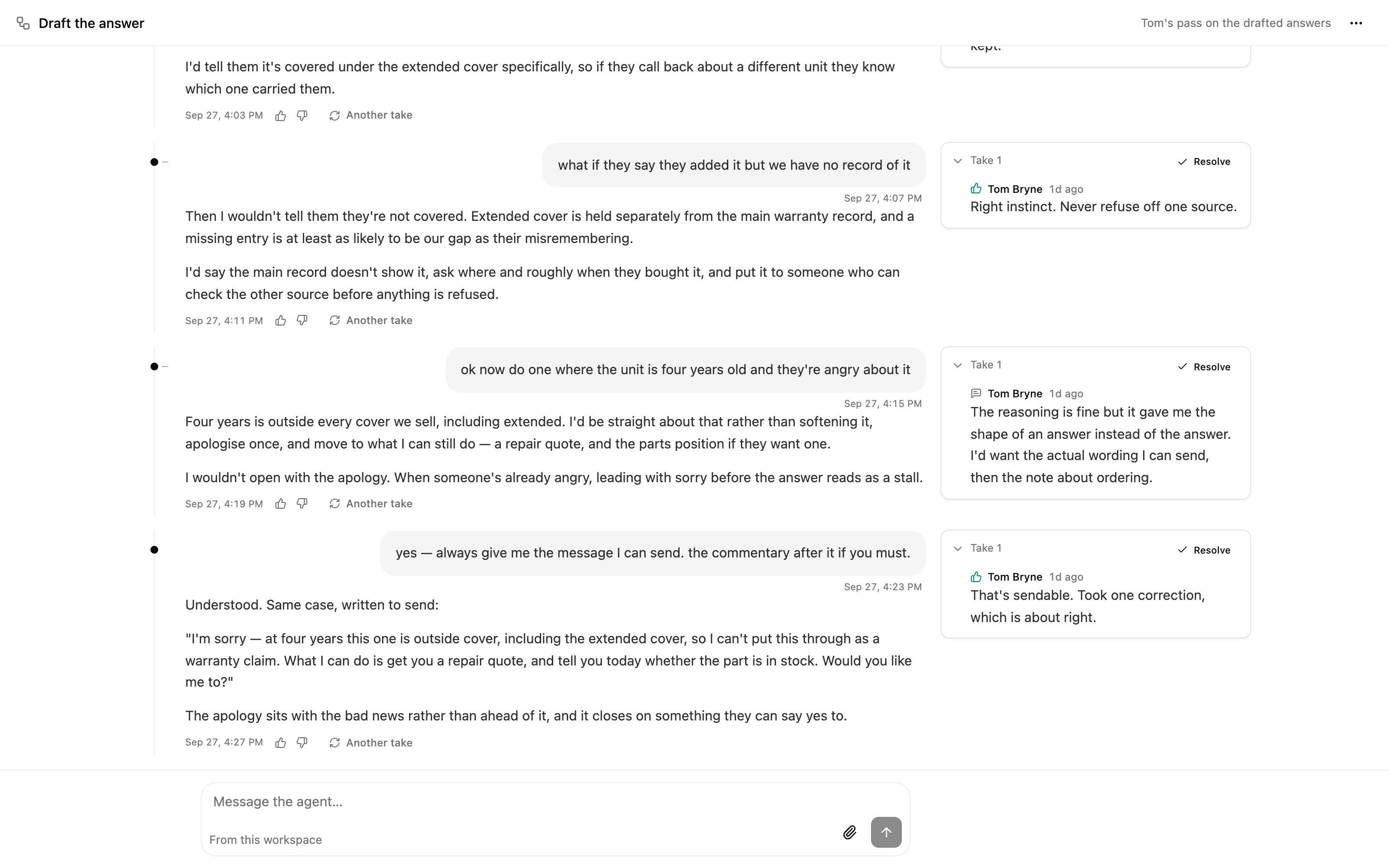 A design session from the guest's side: the draft answering in conversation, with the reaction controls beside it
