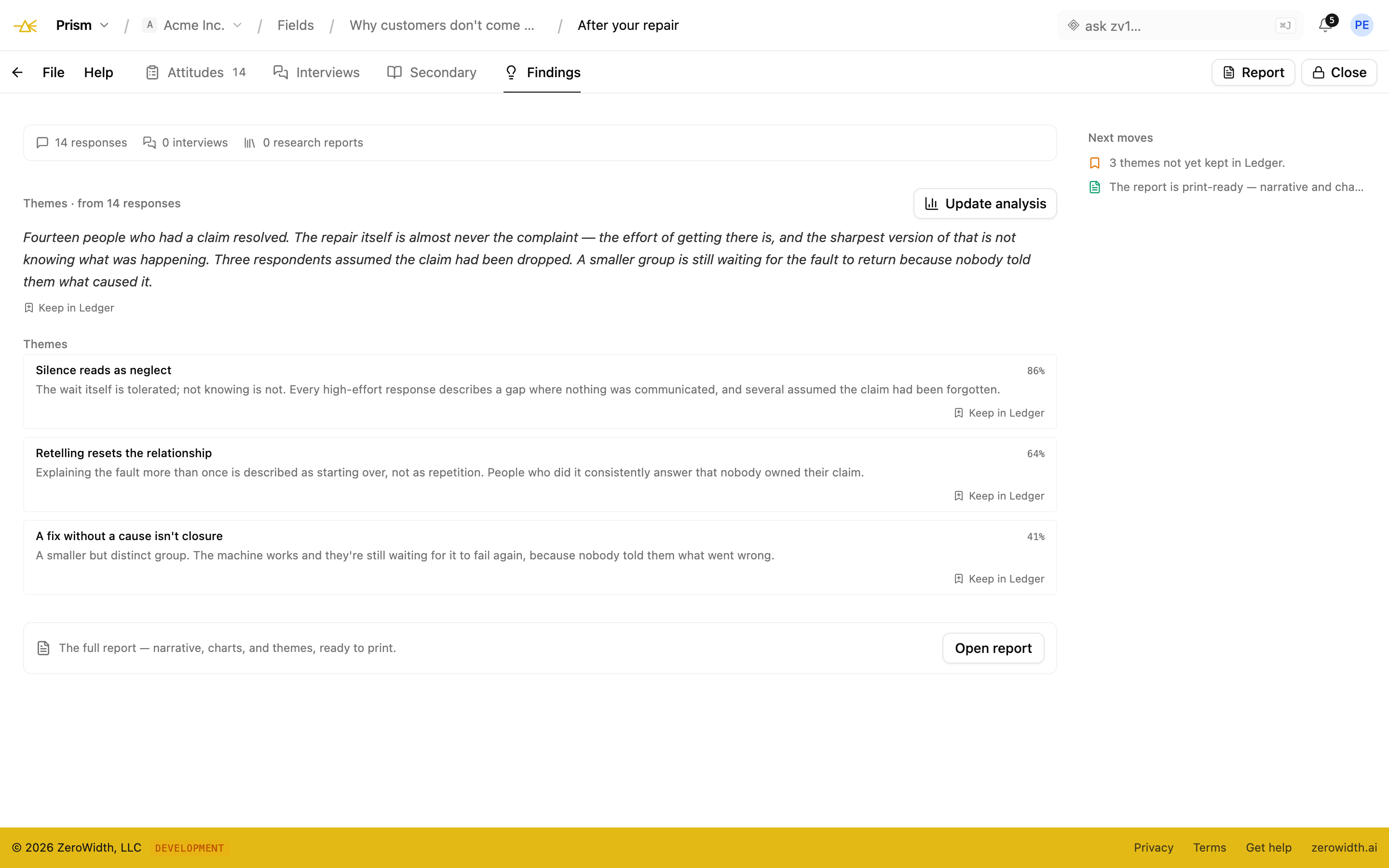 Prism: Read what people said grouped into themes, with every response attached