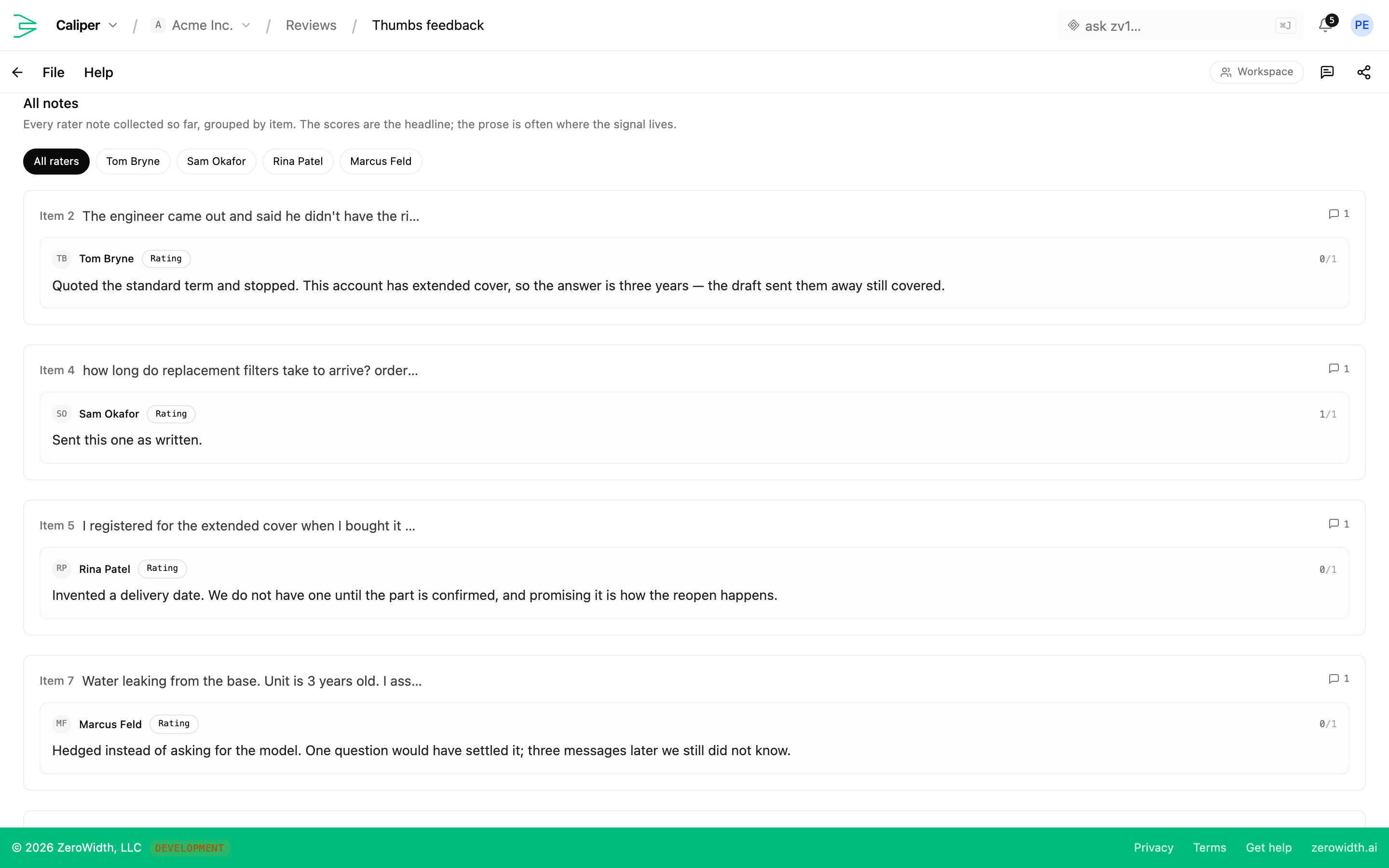 A Caliper dataset filling with feedback from a live product — thumbs and comments on real answers, with the source visible