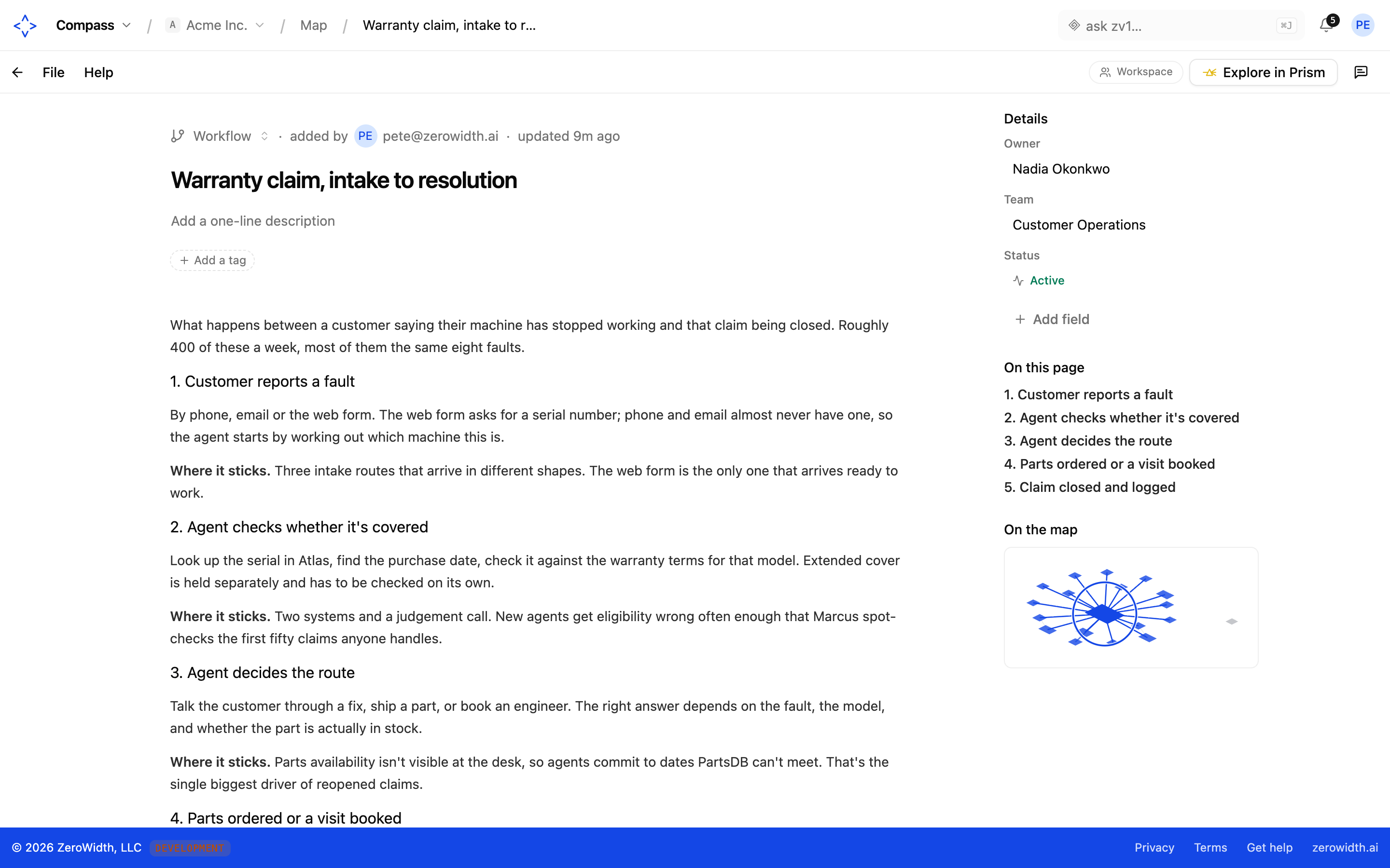 A Compass workflow page with its people, systems and pain points connected — the shape of a real process, not a tidy demo one