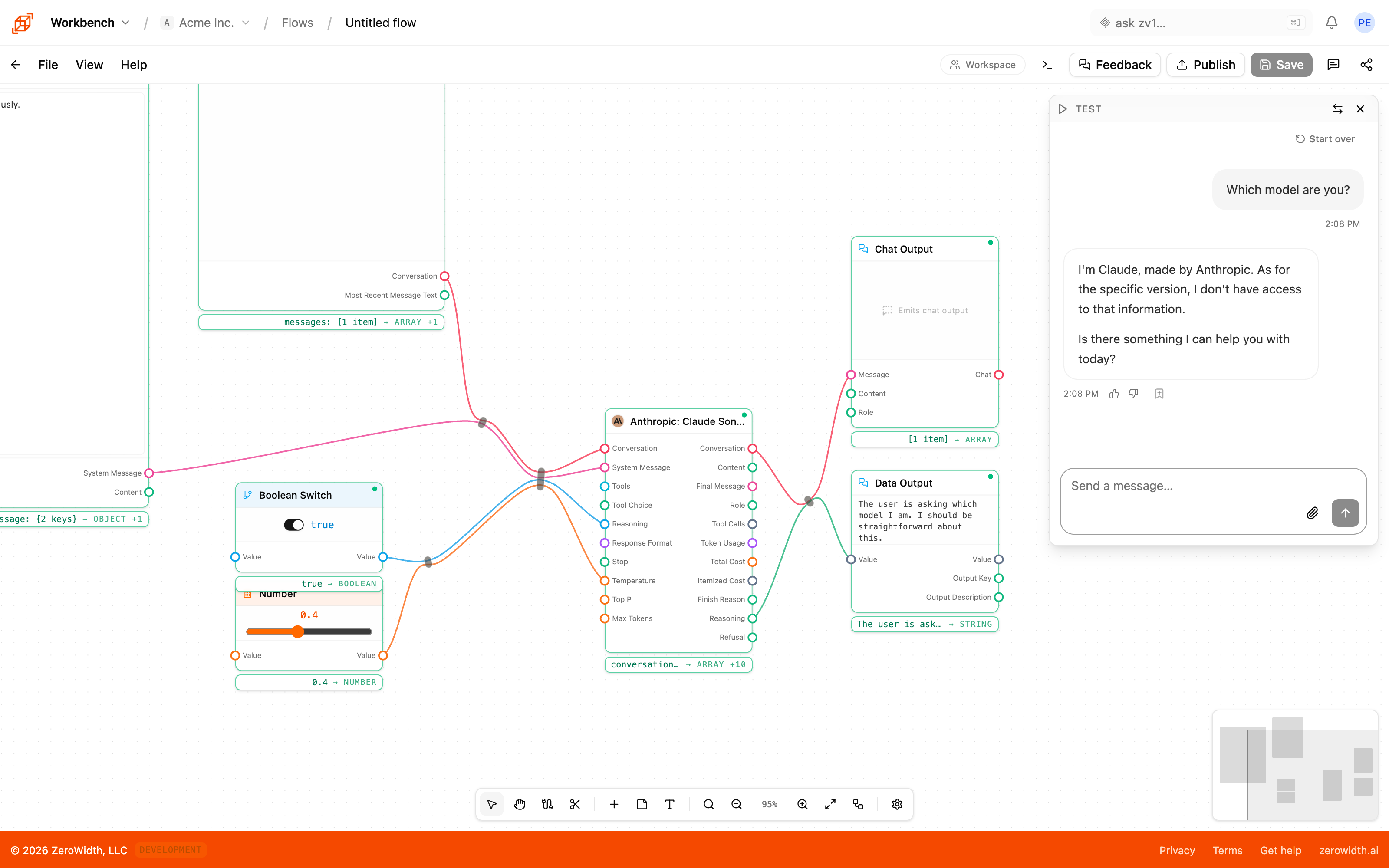 Workbench canvas: a multi-node flow mid-edit with the test pane open